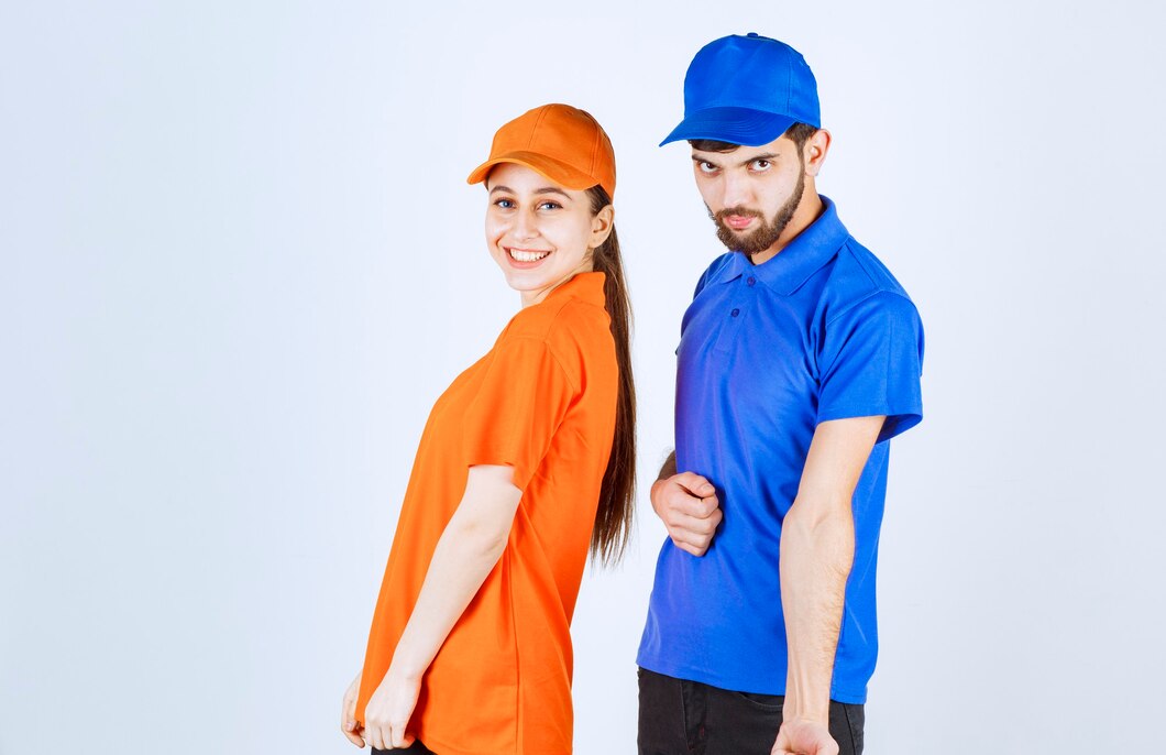 courier-boy-girl-blue-yellow-uniforms-giving-lovely-cheerful-poses_144627-49728 hospitality uniforms